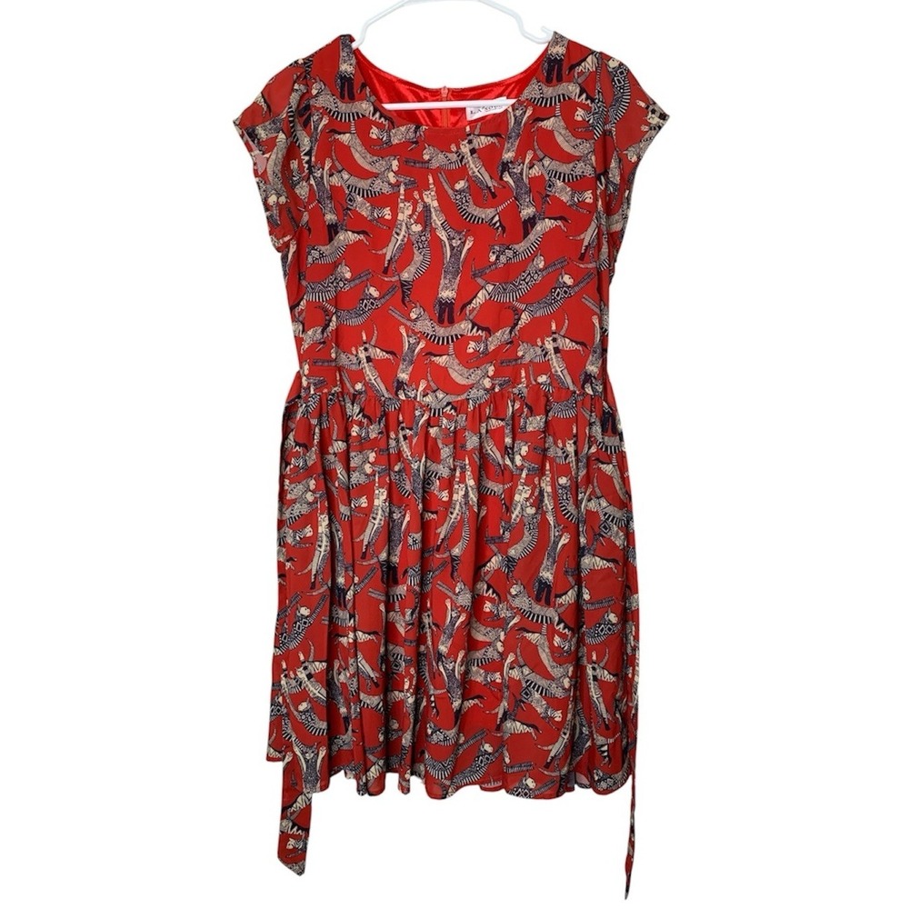 LA Soul Cat Print Dress Size M Fit Flare Whimsical Kitschy Geometric Tie Waist